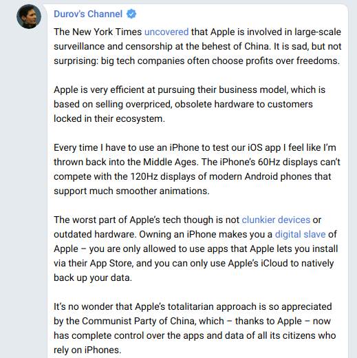 pavel durov telegram aplikacija kompanija apple app store kritika