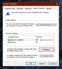 System restore properties