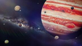 Umetnički prikaz Jupitera i njegovih satelita