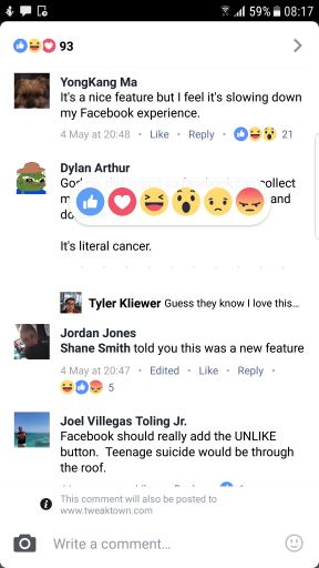 Facebook Reactions na  komentare