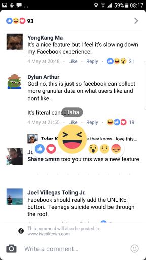 Facebook Reactions na  komentare