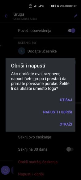Kako napustiti Viber grupu, Kako obrisati Viber grupu caskanje, Viber grupa notifikacije iskljuciti