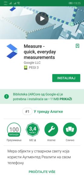 Lenjir, metar mobilni telefon Google AR Core Measure aplikacija, Aplikacije za merenje