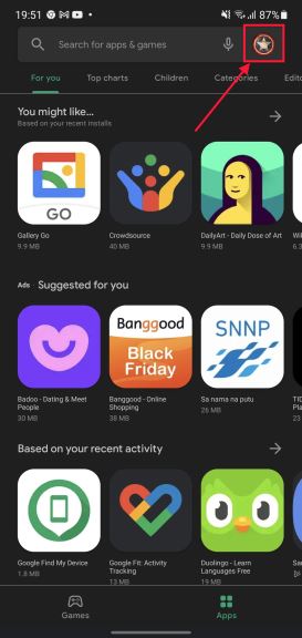 Pritisnite profilnu ikonicu u gornjem desnom uglu