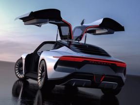 DeLorean Alpha 5 električni automobil sa otvorenim vratima