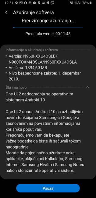 Samsung Galaxy Android 10 update, Samsung Galaxy Note9 Android 10 ažuriranje