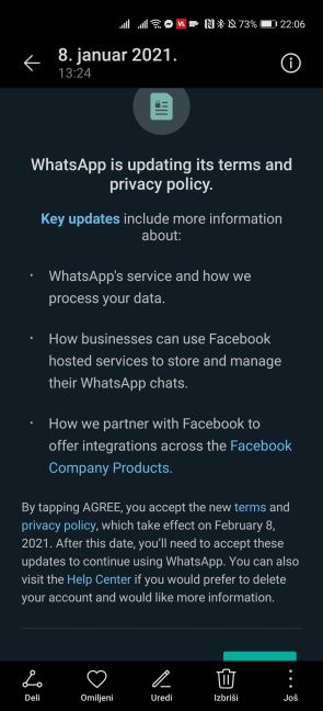 whatsapp nova pravila šta znace facebook da li cita poruke politika privatnosti kako radi šta znaci