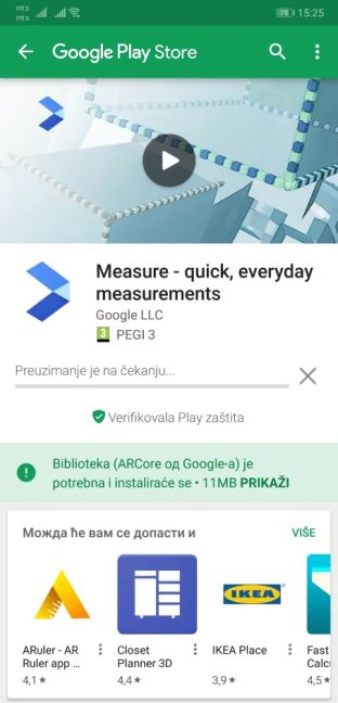 Lenjir, metar mobilni telefon Google AR Core Measure aplikacija, Aplikacije za merenje