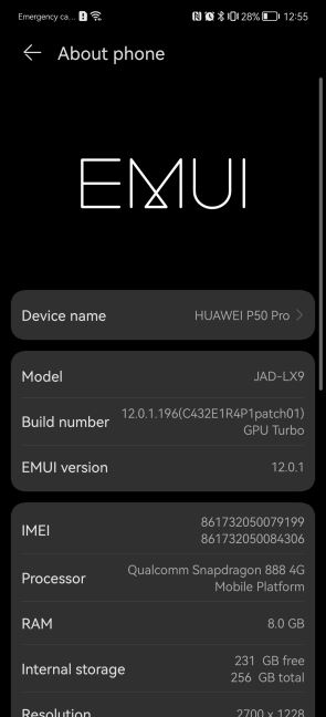 Huawei P50 Pro EMUI 12 interfejs