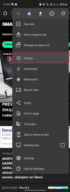 Istorija pregledanja podataka u meniju Chrome browsera