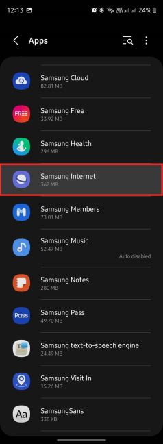 Samsung Internet u listi aplikacija