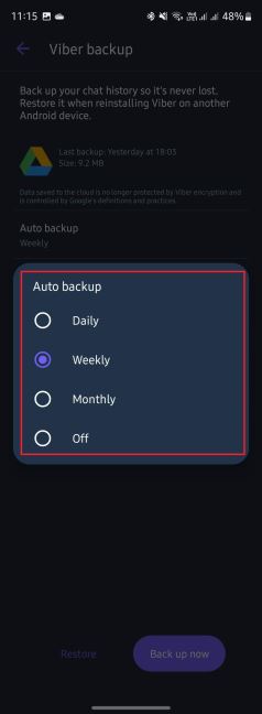 Opcije za period na koji će se vršiti automatski bekap
