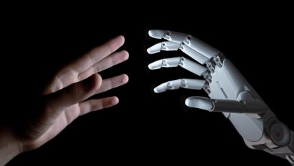 Ilustracija ljudske i robotske ruke koje se približavaju jedna drugoj