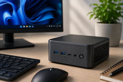 Kompaktni mini PC na radnom stolu uz monitor i periferije, ilustracija za tekst o manama jeftinih mini računara.