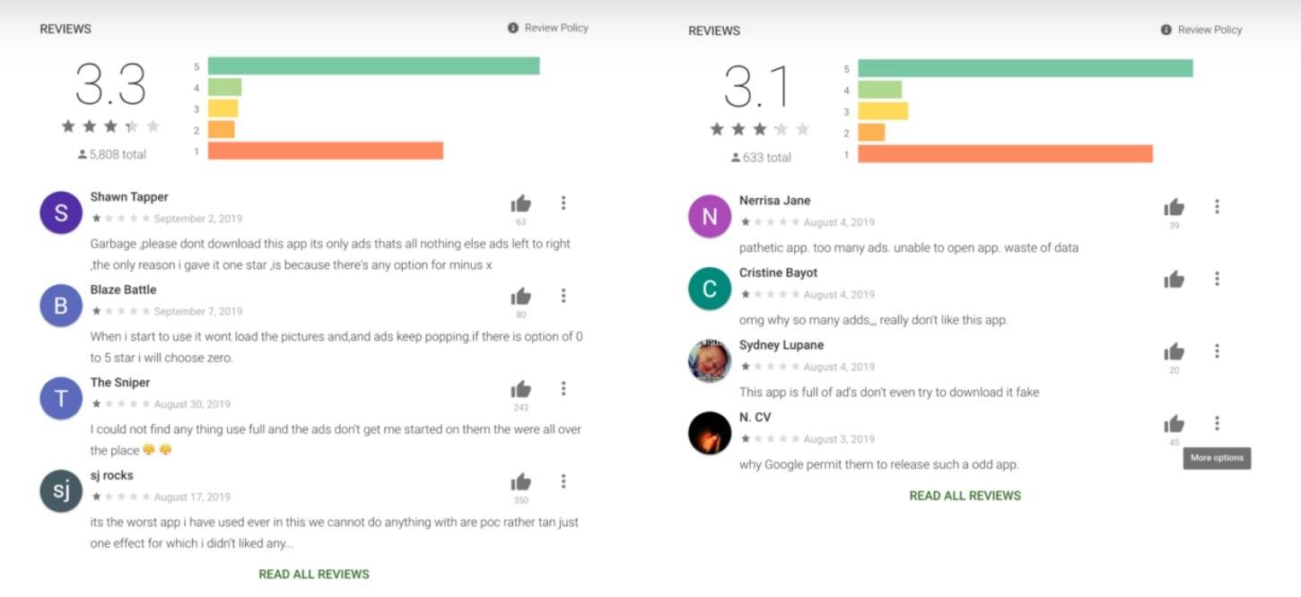 Aplikacije reklame Sun Pro Beauty Camera i Funny Sweet Beauty Selfie Camera, Loše reklame aplikacije