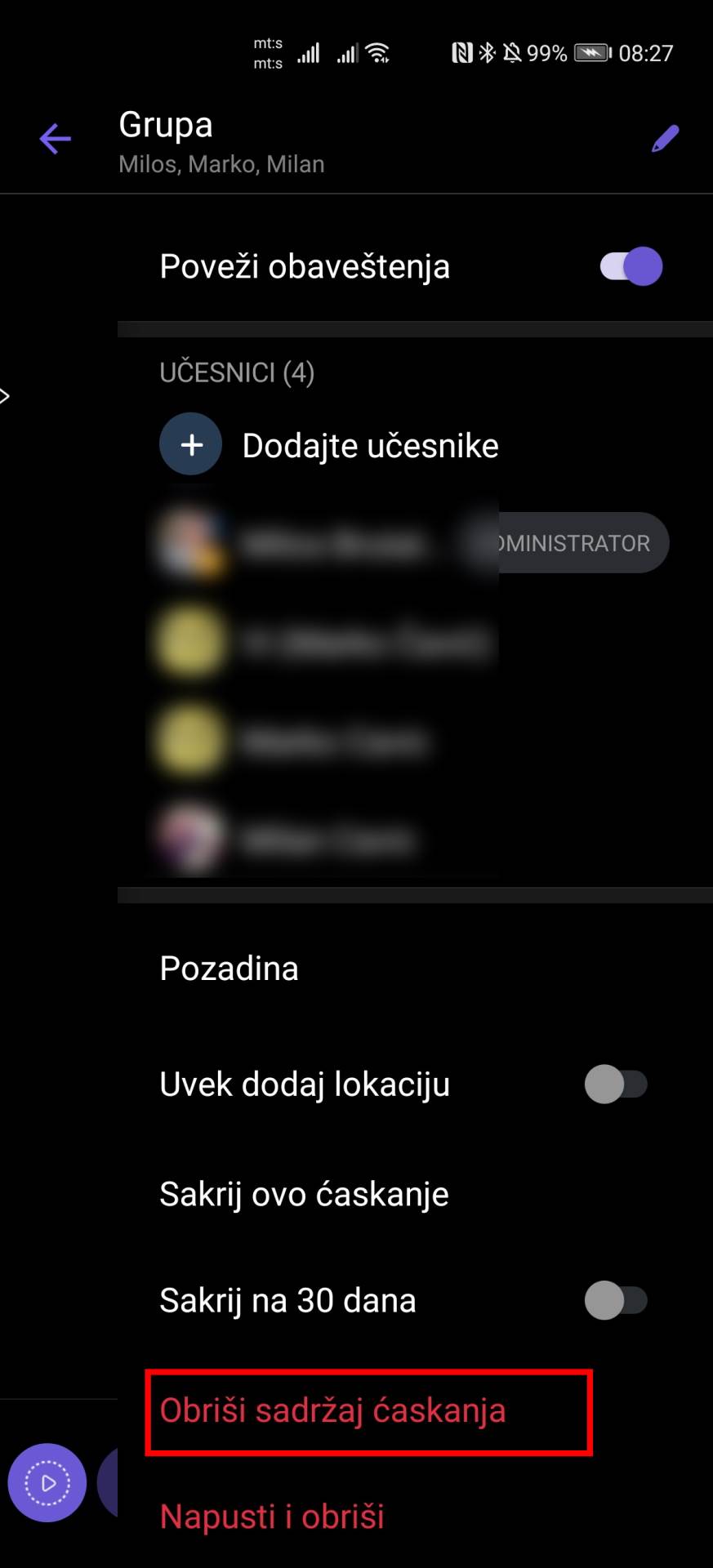 Kako napustiti Viber grupu, Kako obrisati Viber grupu caskanje, Viber grupa notifikacije iskljuciti