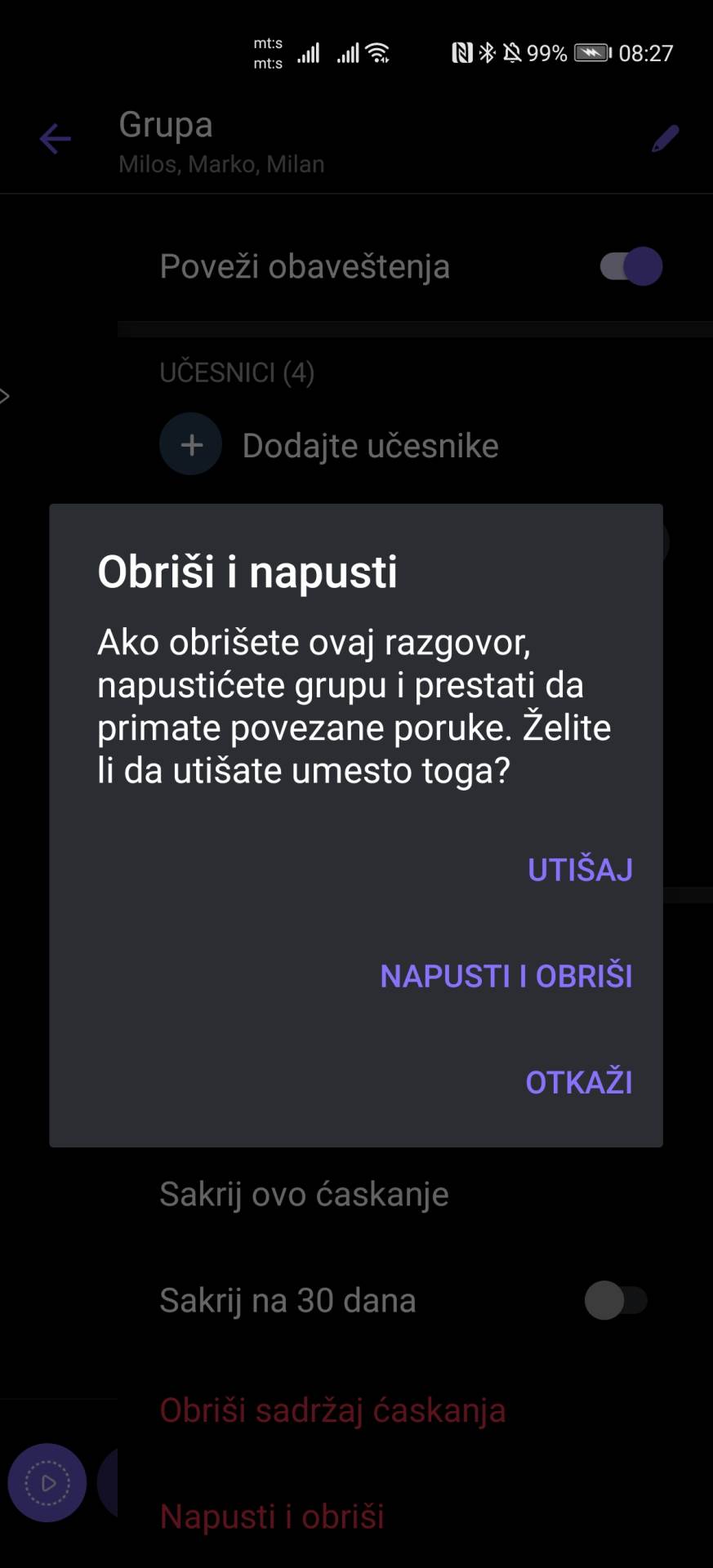 Kako napustiti Viber grupu, Kako obrisati Viber grupu caskanje, Viber grupa notifikacije iskljuciti