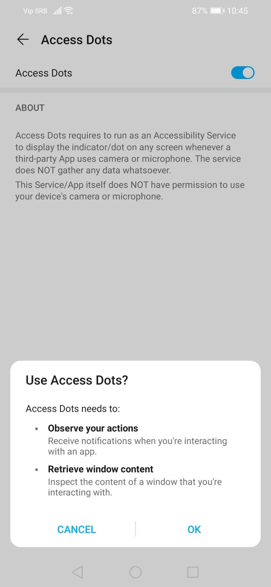 Narandžasta i zelena tacka iPhone za Android, Access Dots - iOS 14 cam-mic access indicators app