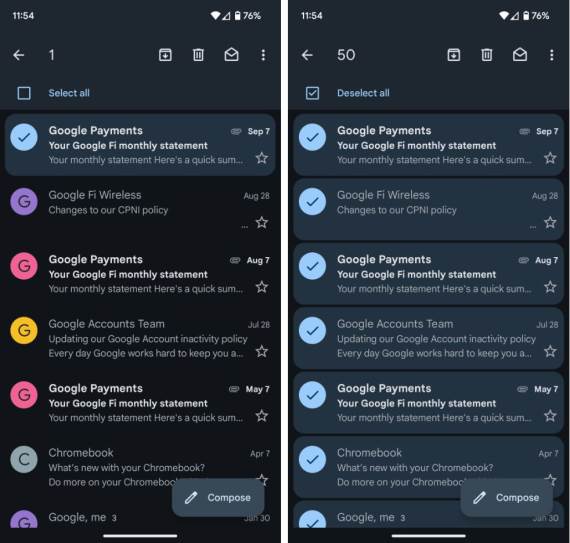 Gmail aplikacija, select all opcija