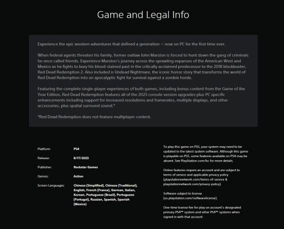 PlayStation Store listing Red Dead Redemption