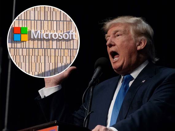 Donald Tramp i Microsoft logo - ilustracija konflikta oko kadrovskih promena u tehnološkoj kompaniji