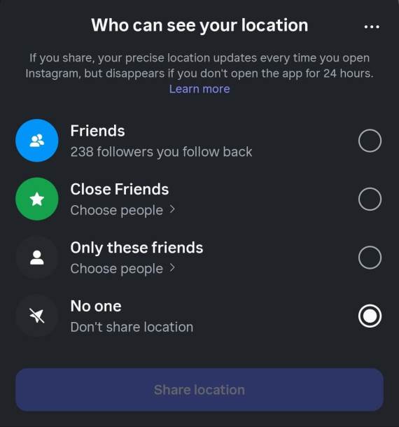 Instagram Map opcije deljenja lokacije