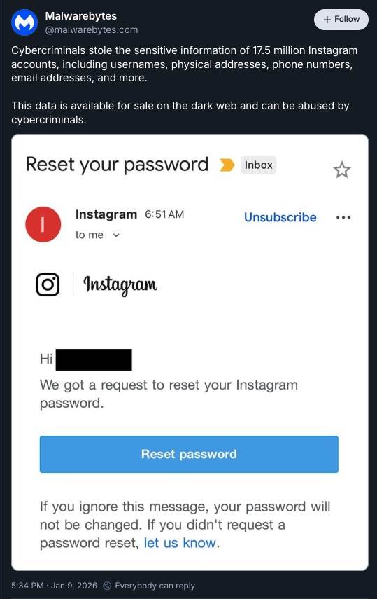 Malwarebytes objava o hakovanju Instagrama
