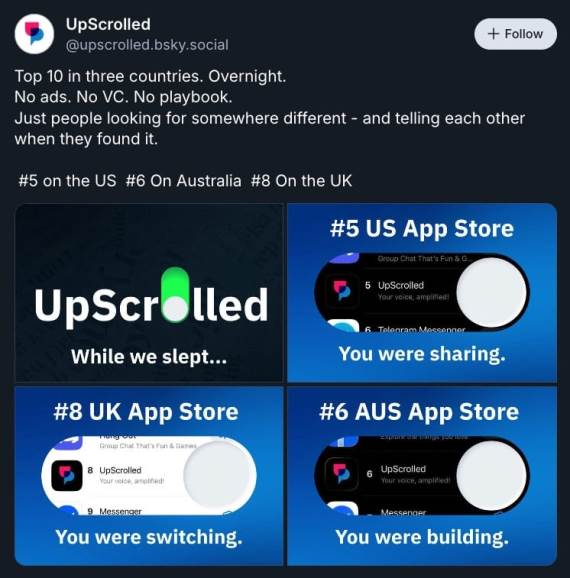 UpScrolled objava na Bluesky