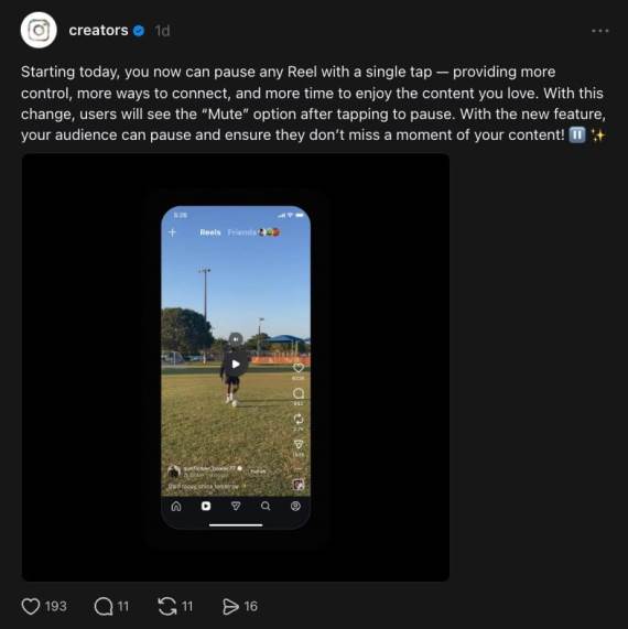 Najava pauziranja Reels-a