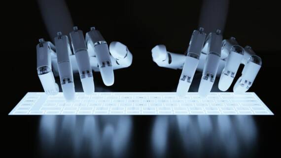 Ilustracija veštačke inteligencije koja piše kod na futurističkog tastaturi