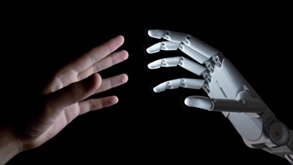 Ilustracija ljudske i robotske ruke koje se približavaju jedna drugoj
