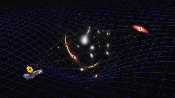 Umetnički prikaz Džejms Veb teleskopa kako posmatra crnu rupu kroz gravitaciono sočivo