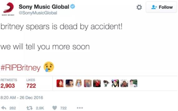 Britni Spirs umrla hakovan SonyMusicGlobal Twitter nalog