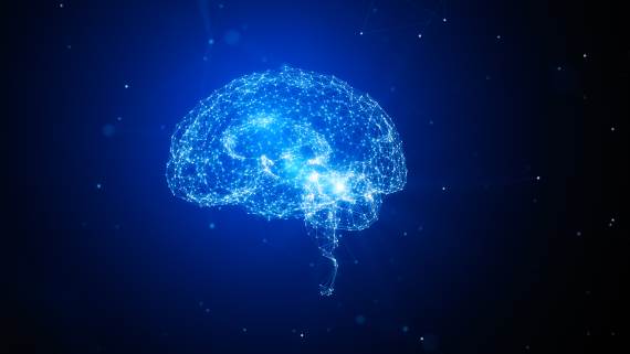 White lines and dots forming a white brain object on blue background. Horizontal composition with copy space. Innovation concept.