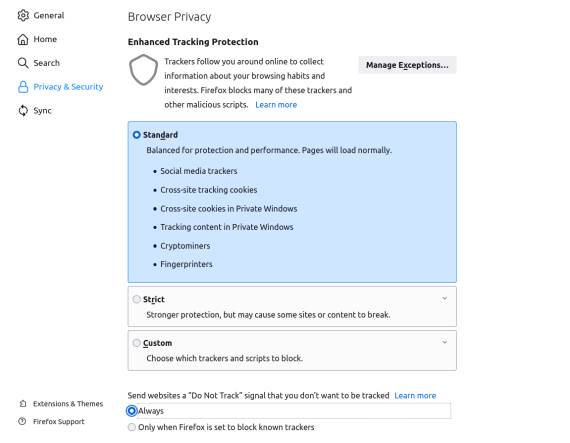 mozilla firefox podešavanja privcy and security trackers