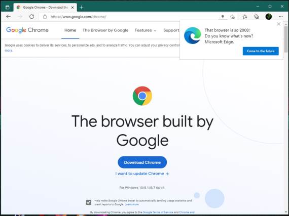 Poruka u Edge browseru da ne prelazite na Chrome