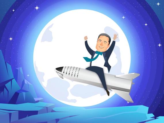 Ilon Mask na Spejs šatlu sa mesecom u pozadini