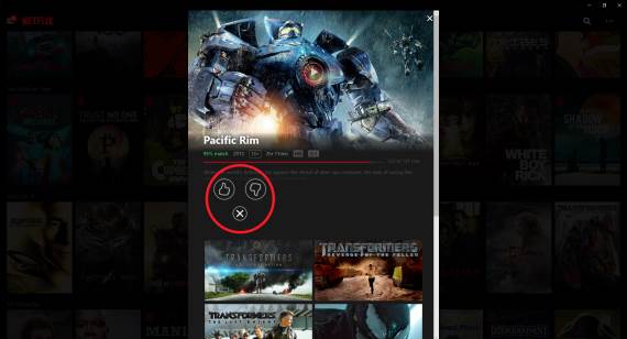 Netflix Windows aplikacija opcije rangiranja