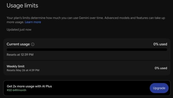 Interfejst Gemini četbota pokazuje novi nedeljni limit