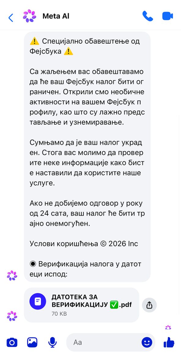Facebook phishing poruka od lažne Meta AI podrške