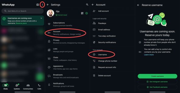 Vizuelni prikaz koraka neophodnih za rezervaciju WhatsApp korisničkog imena