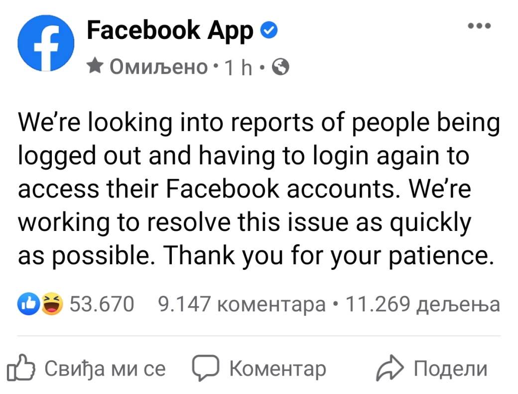 facebook izlogovao korisnike logout problem fejsbuk aplikacije