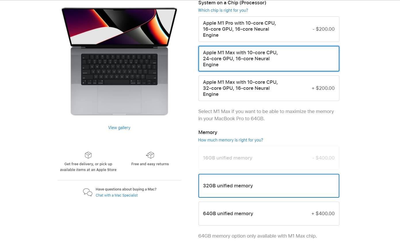 M1 verzije čipova na 16'' modelu