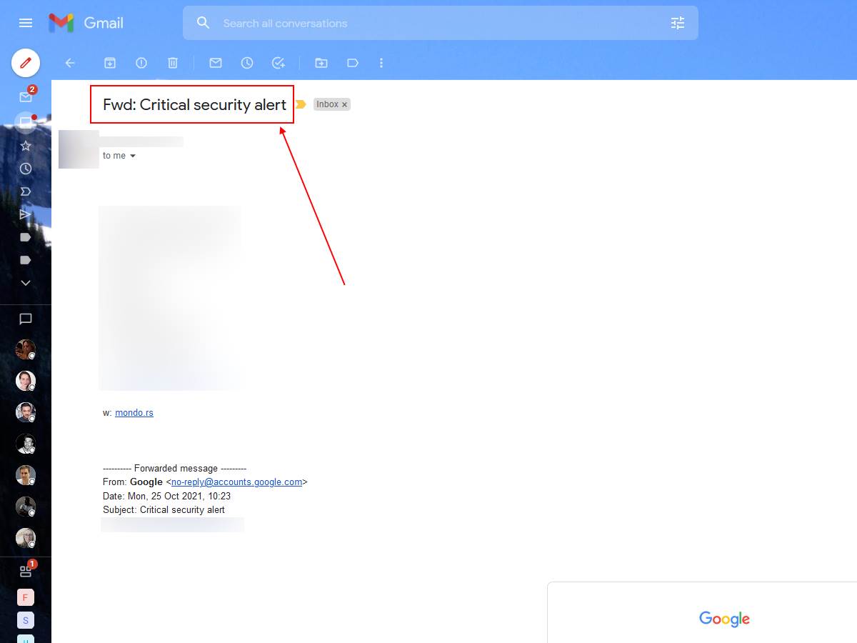 Google Mail Critical Security Alert kako izgleda 2