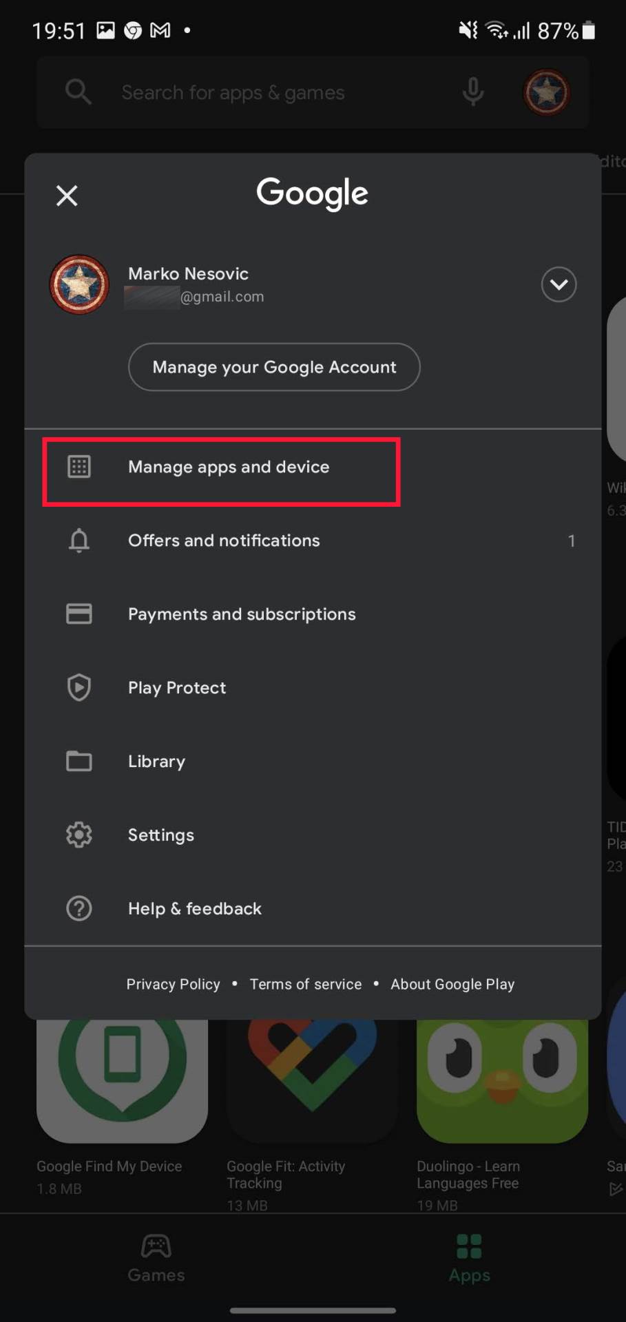 Odaberite opciju Manage apps and devices