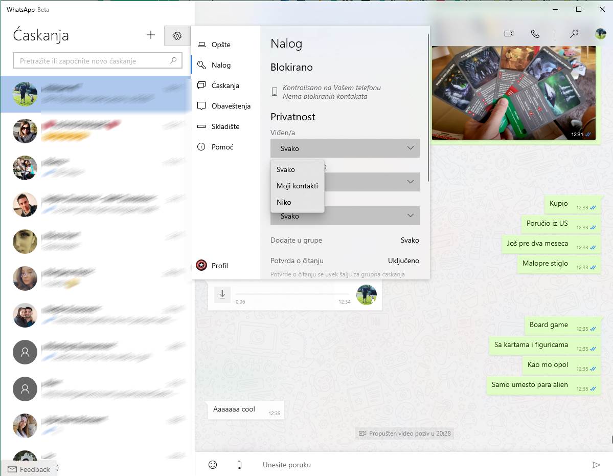 WhatsApp Beta opcije privatnosti