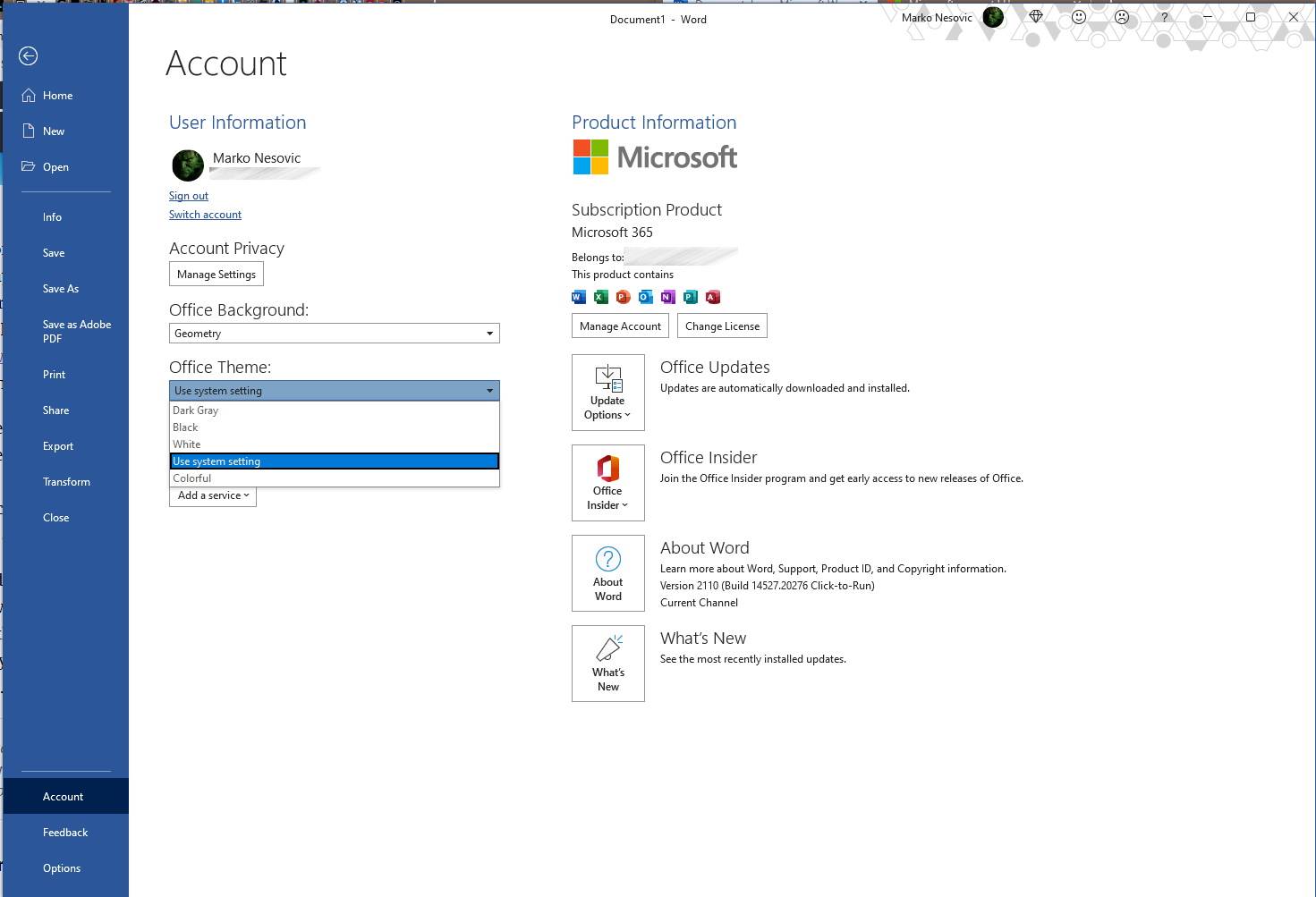 Podešavanje naloga u Word aplikaciji