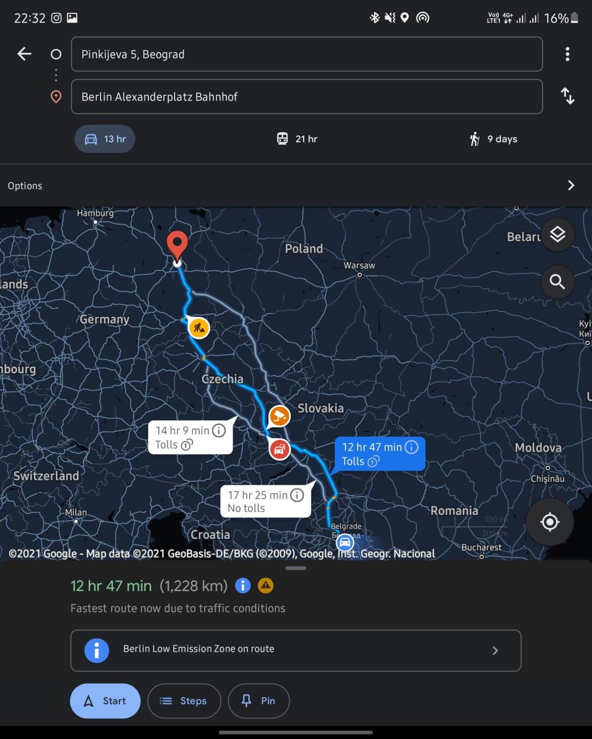 Odabrana putanja do destinacije na Google Maps