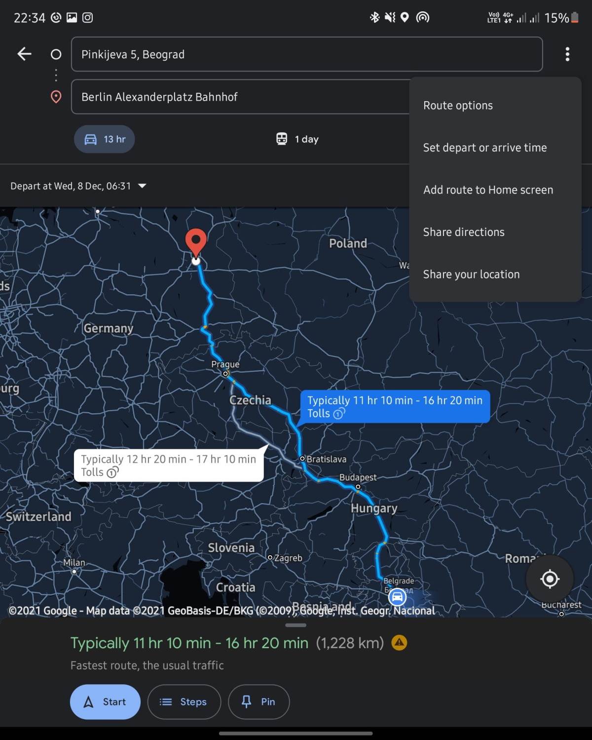 Odaberite vreme polaska ili dolaska u opcijama