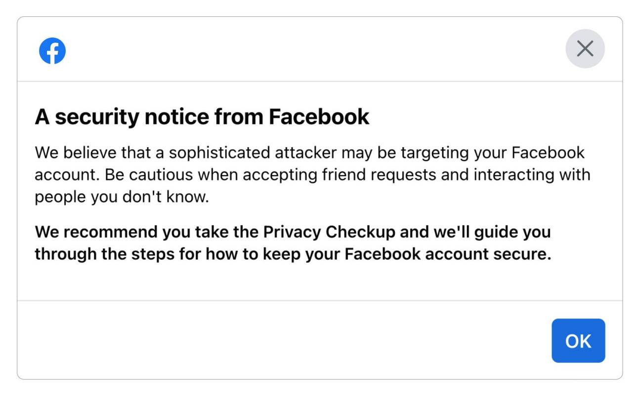 Facebook obaveštenje o potencijalnoj opasnosti